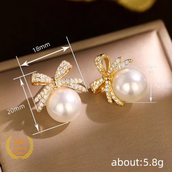 Rhinestone Pearl Bow Earrings - Picture 4 of 5